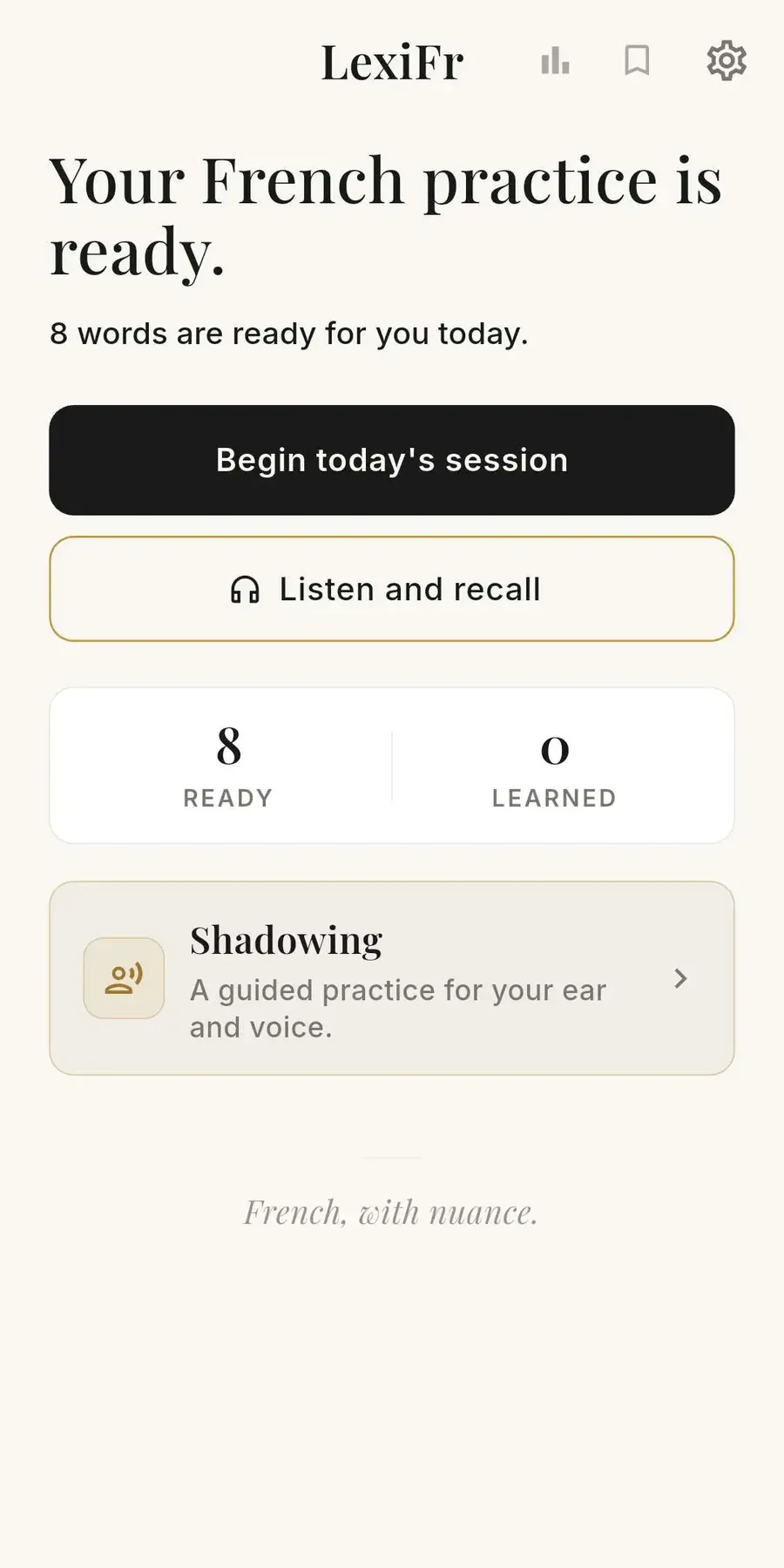 LexiFr home screen: the French words ready to review today
