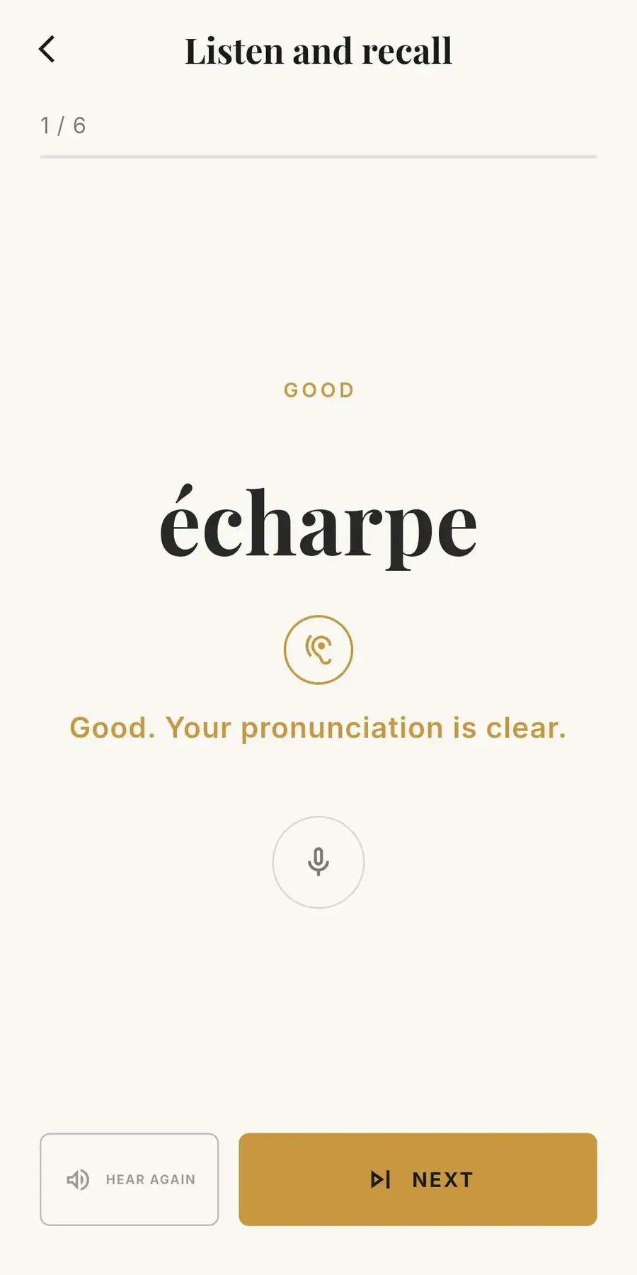 LexiFr listening screen practising pronunciation of a French word with clear feedback