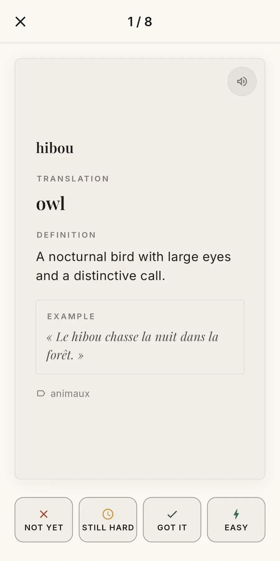 LexiFr review card showing a French word with its translation, definition and an example sentence
